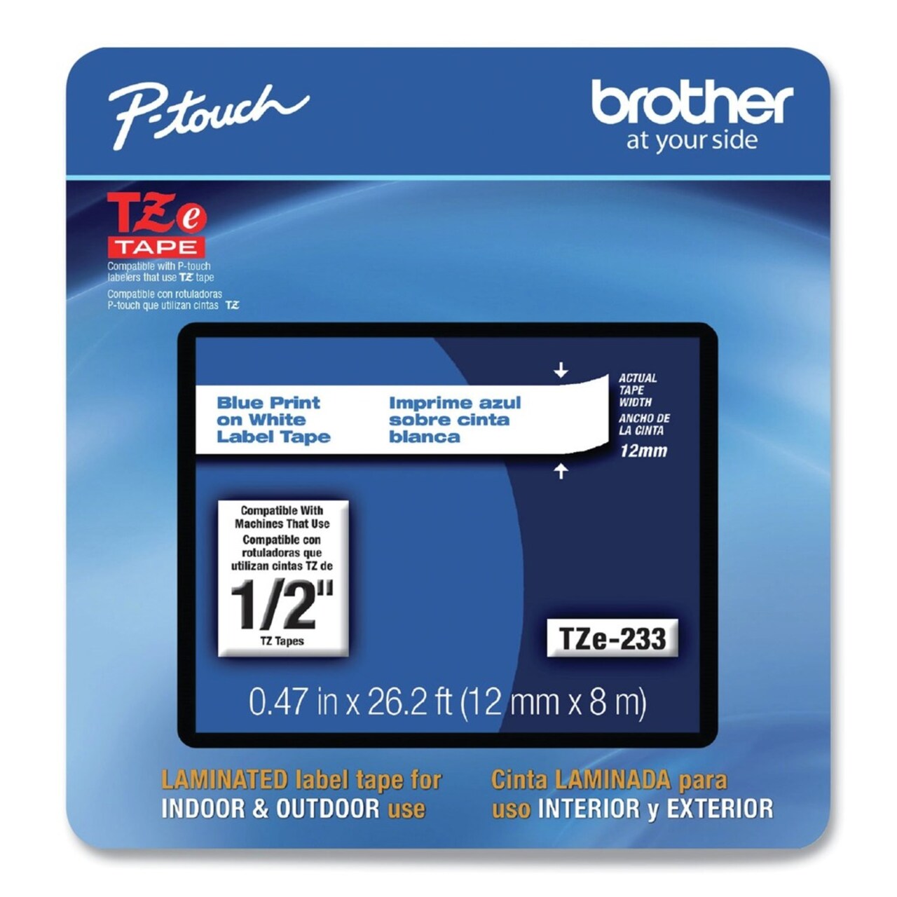 Brother P-Touch 0.47 in. x 26.2 ft. TZe Laminated Removable Label Tapes - Blue on White